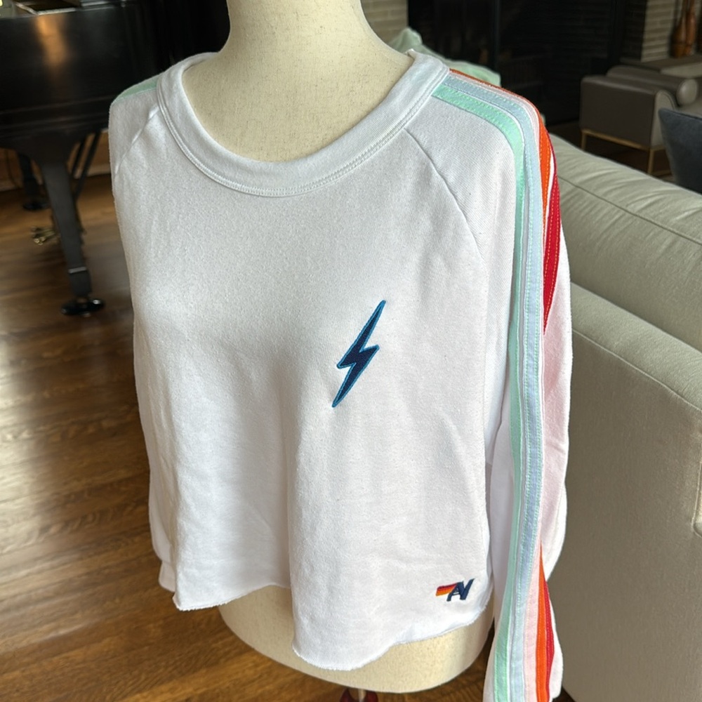 Aviator Nation Women White Lightweight Cropped Sweatshirt with Rainbow Stripes L